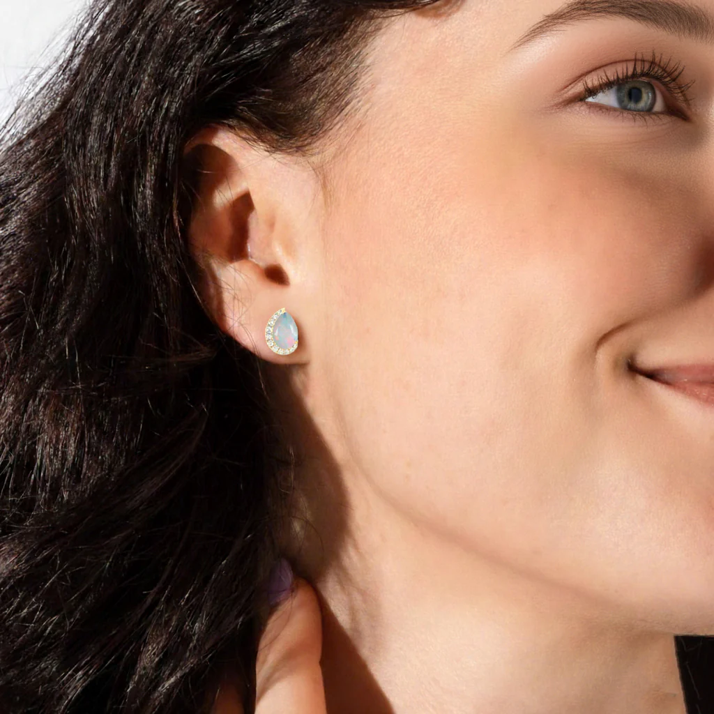 White Opal Pear Halo Stud Earrings in 925 Sterling Silver 1ct - Image 13