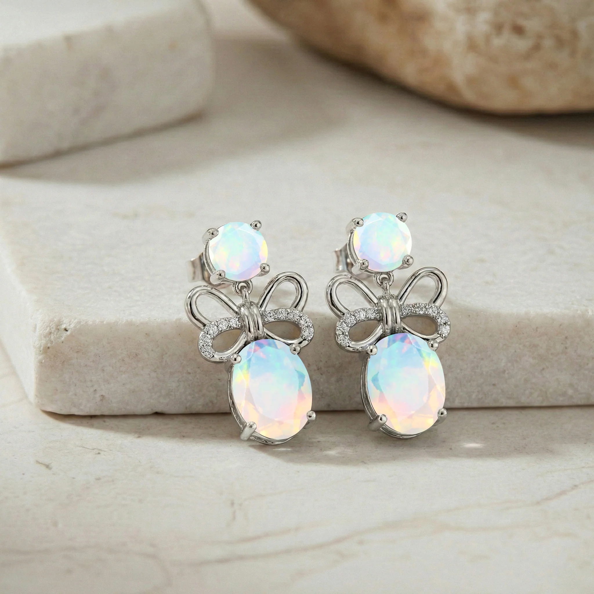 White Opal Round and Oval Stud Earring in 925 Sterling Silver 6 MM 5-ct. - Image 3