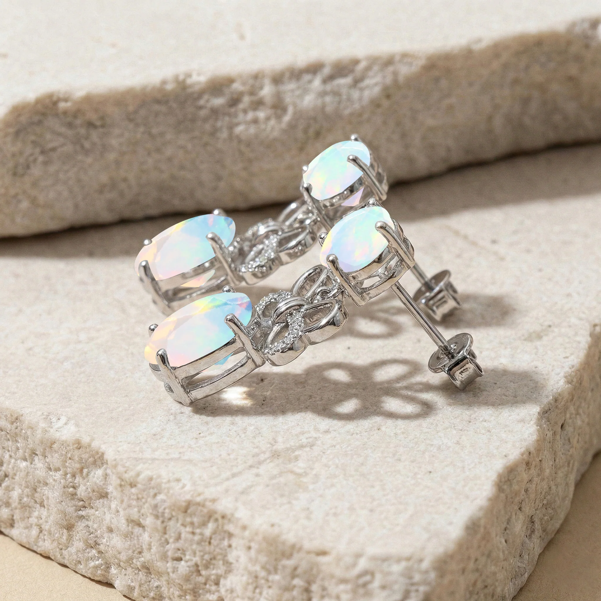 White Opal Round and Oval Stud Earring in 925 Sterling Silver 6 MM 5-ct. - Image 4