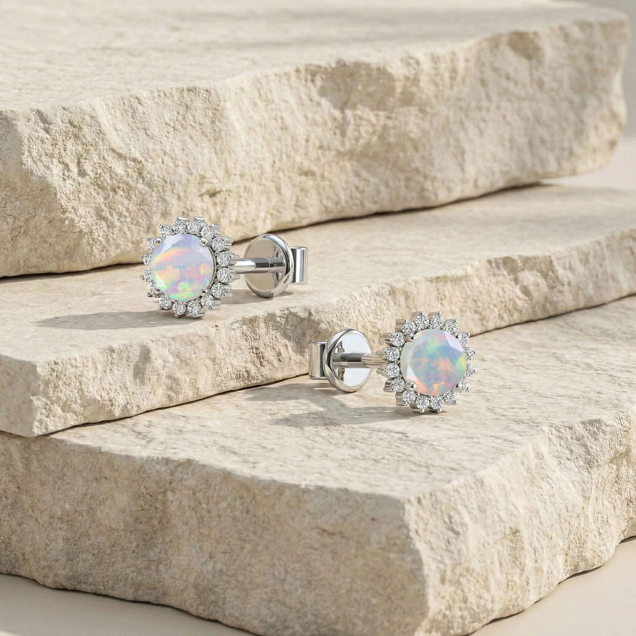 White Opal Round Halo Stud Earrings in 925 Sterling Silver 5 MM 1.3ct - Image 2