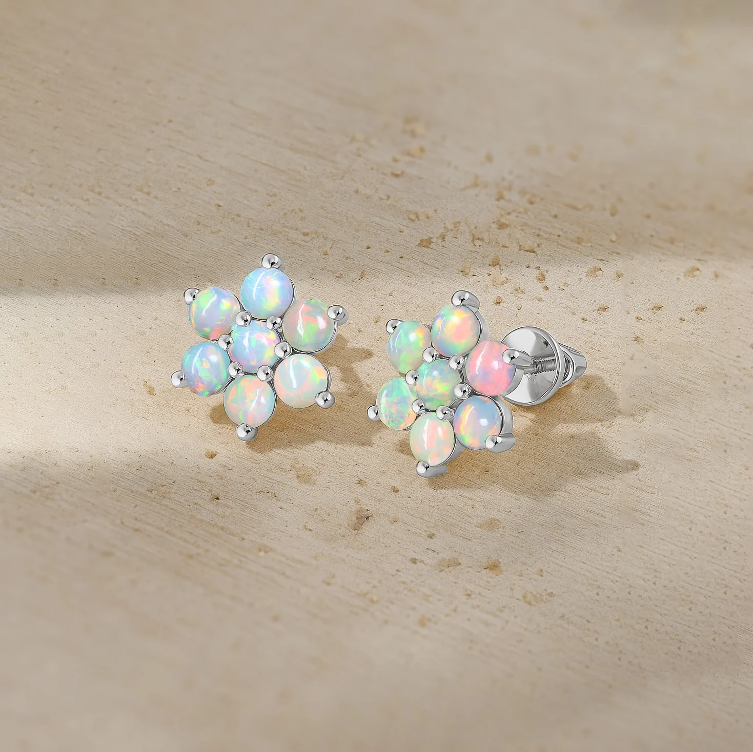 White Opal Round Stud Earrings in 925 Silver Luxury 14-Stone Design - Image 3