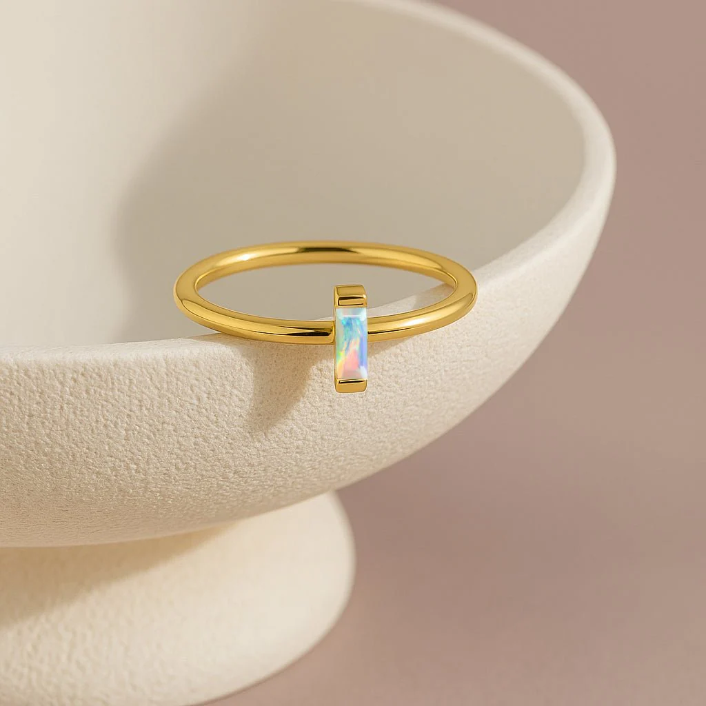 White Opal Solitaire Ring with 4X2MM Baguette Cut - Image 4