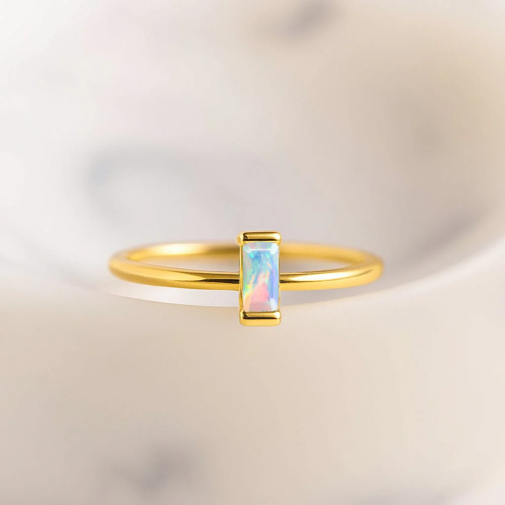 White Opal Solitaire Ring with 4X2MM Baguette Cut - Image 6