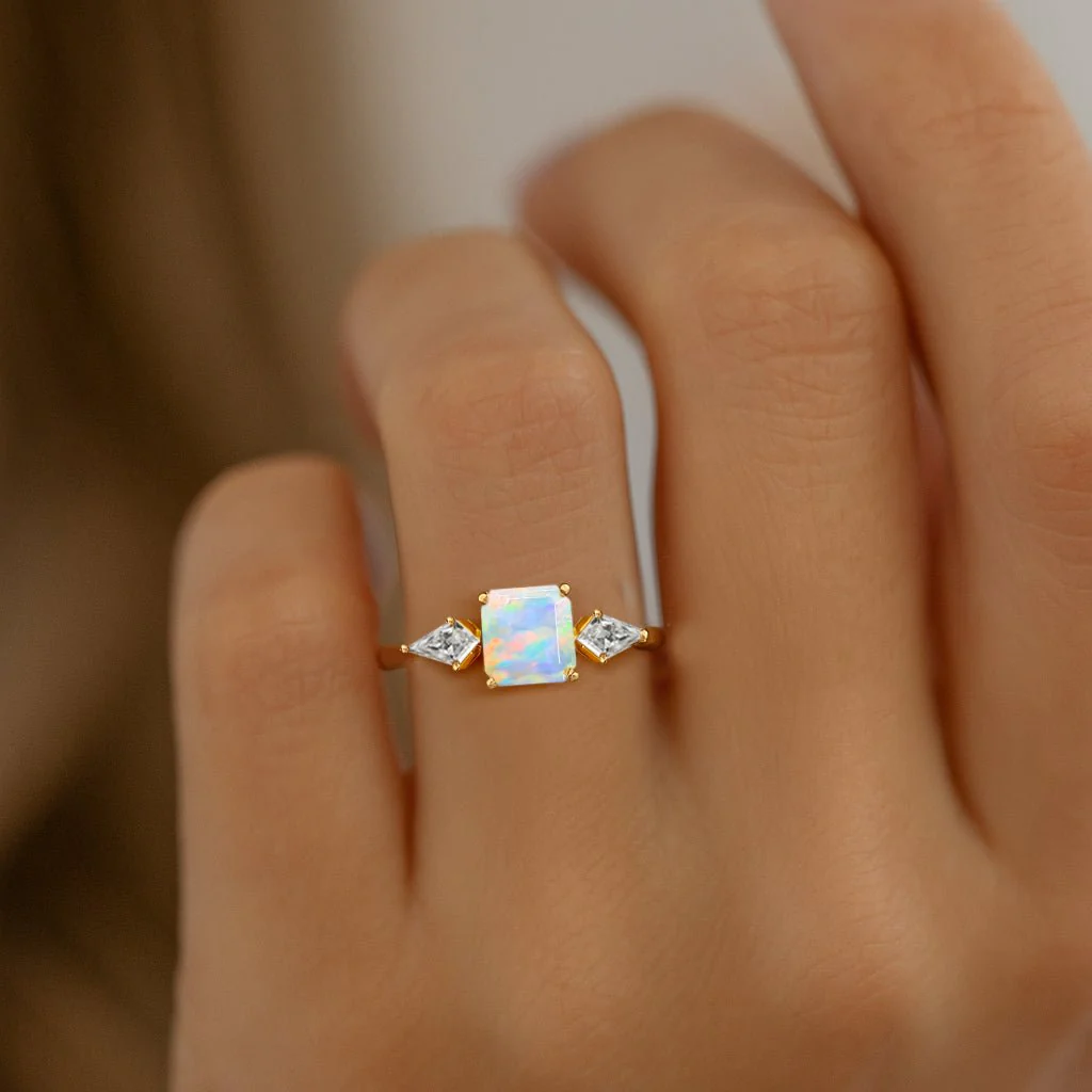 White Opal Three Stone Ring in 925 Sterling Silver - Image 3