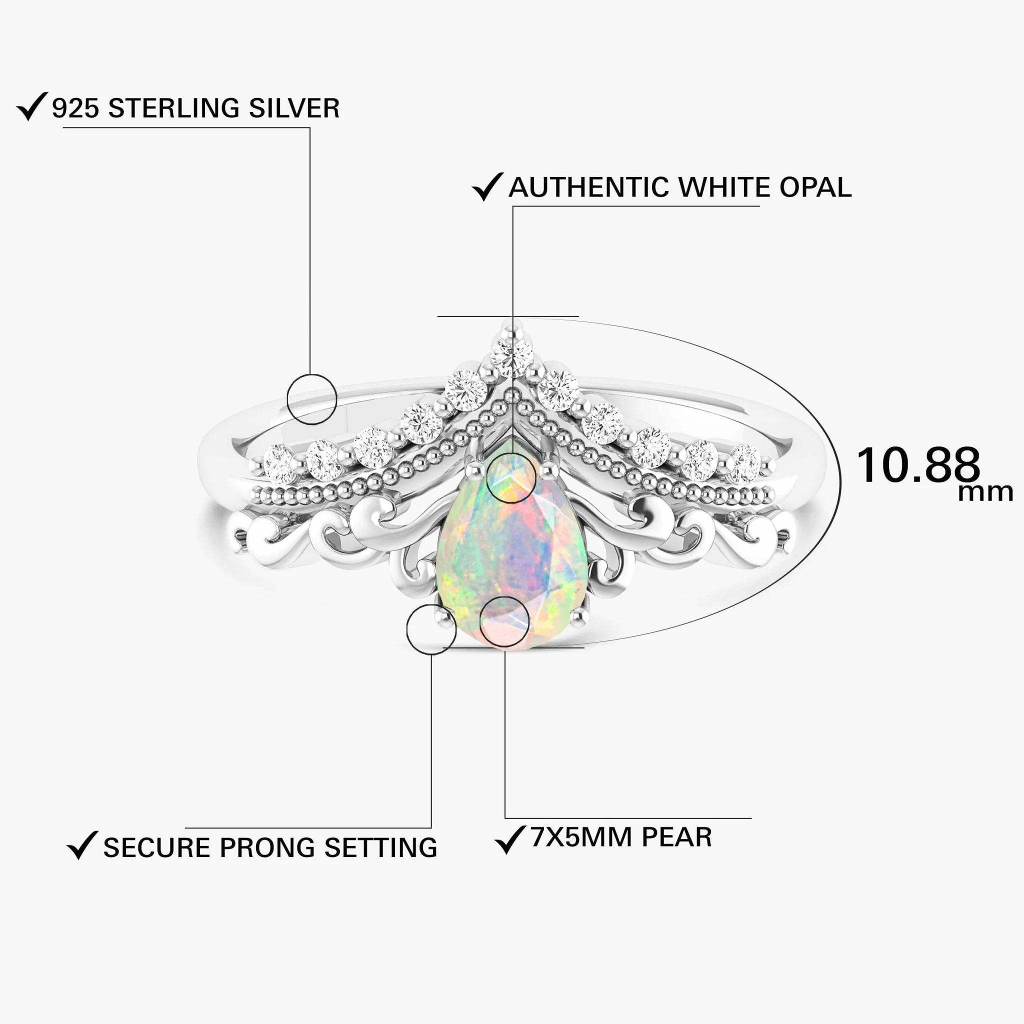 White Opal Wishbone Ring Crown Style - Image 8