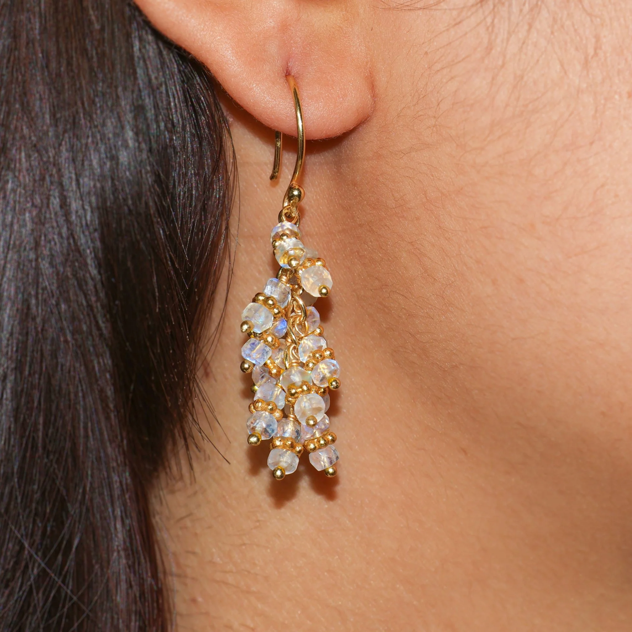 White Rainbow Moonstone Beads Chakri Style Earrings - Image 2